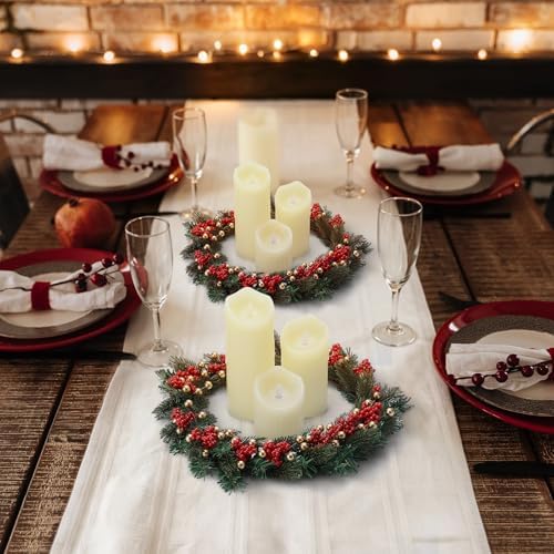Daifunli 2 Pcs Christmas Gold Ball Red Berry Pine Needle Candle Ring Artificial Berry Bell Wreaths for Pillar 12 Inch Candle Holder for Winter Christmas Country Wedding Kitchen Table Centerpiece Decor - Image 6