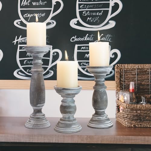 BANOMII Rustic Wooden Pillar Candle Holders Set of 3, 12'' 9'' 6'' Farmhouse Wood Candle Stand for Table Centerpieces, Vintage Tall Candleholders Fireplace Mantel Decor for Living Room, Grey - Image 7
