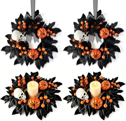 4 PCS Halloween Candle Rings Skeleton Maple Leaves Front Door Wreath by Unknown