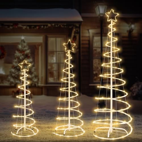 3 Packs Christmas Spiral Tree with Lights, 3/4/5 FT Lighted Xmas Collapsible Tree with Metal Stakes for Indoor & Outdoor, Yard, Porch, Garden Holiday Decor (Warm White, 3-4-5 FT) by FLAGLY