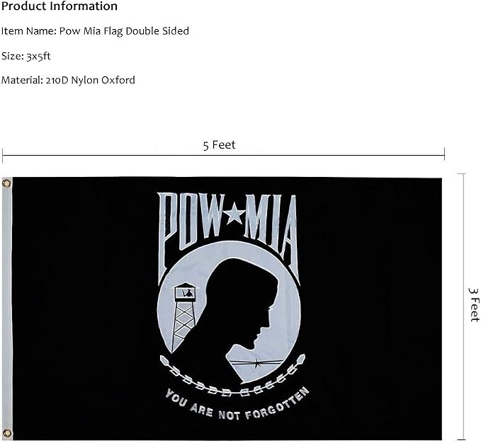 Homissor Pow Mia Flag Embroidered 3x5 Outdoor - Heavy Duty Double Sided You are Not Forgotten War Flags 300D Military Pow Flags for Outside
