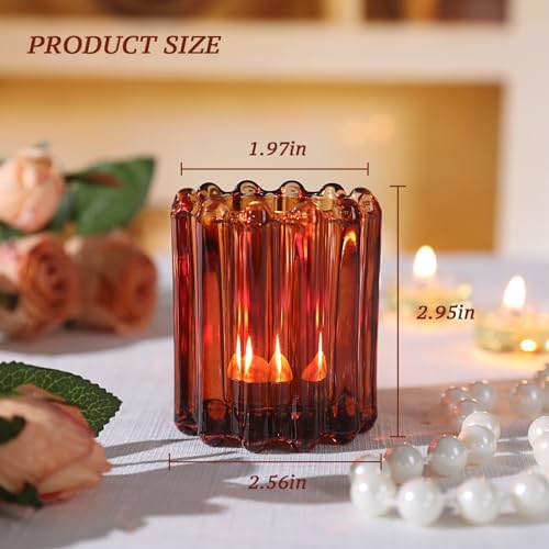 12PCS Glass Amber Votive Candle Holder, Ribbed Tealight Candle Holders - Image 2