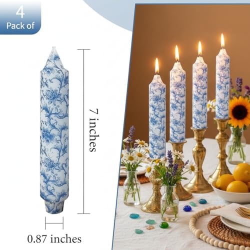 7 Inch Blue and White Taper Candles Short Chunky Candle Sticks Handmade Unscented Smokeless Chinoiserie Floral Thick Candles for Nautical Ceremony Dining Table Everyday Meals Family Dinner Elegance - Image 4