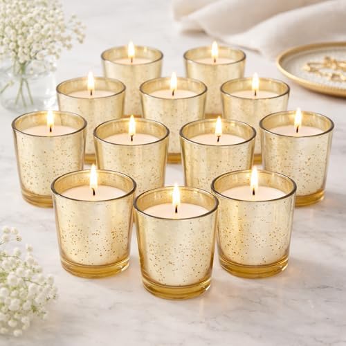 Hosley Set of 12 Gold Mercury Filled Glass Votive Candles. Ideal Gift for Weddings, Bridal Showers, Parties, Home Decor, and Special Events - Image 3