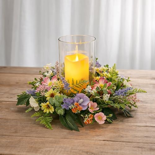 Floral Candle Holder Centerpiece for Table, Glass Hurricane with Detachable Small Floral Wreath, Farmhouse Spring Centerpiece for Dining Table, Wedding, Home Decor - Image 5