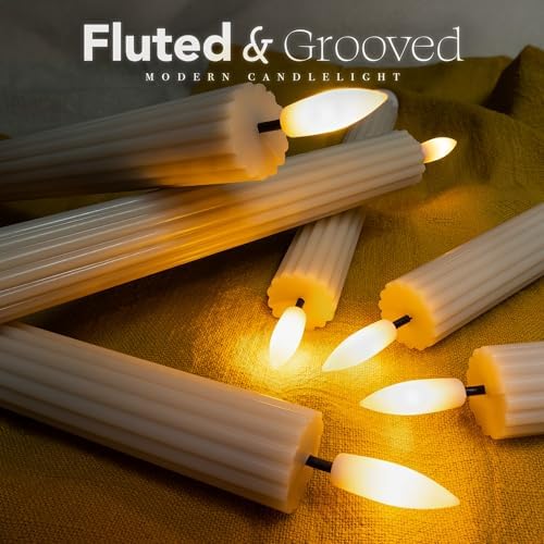 6 Pack, 10" LED Flameless Real Wax Cream Beige Fluted Ribbed Grooved Taper Candles, Remote & 24h Timer Memory, On/Off Button, Dimmable, Flicker Mode, Battery Operated, Wedding - Image 3