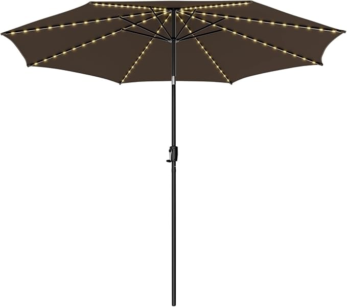 HAPPYGRILL 10 FT Solar Patio Umbrella with 112 LED Light, Outdoor Umbrella with Tilt Adjustment, Crank System, 8 Metal Ribs & Vented Top, Deck Table Market Umbrella for Garden Pool Deck Yard