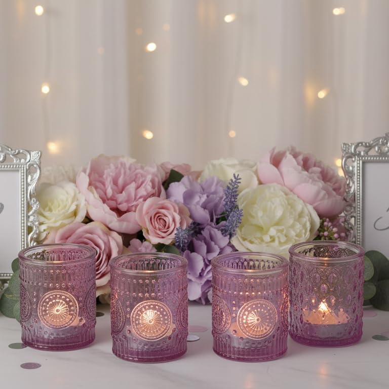 LETINE 16 Pack Purple Votive Candle Holders for Tea Lights Candles, Assorted Glass Candle Holder Bulk Set with 4 Patterns for Home Decor, Parties & Wedding Centerpieces - Image 4