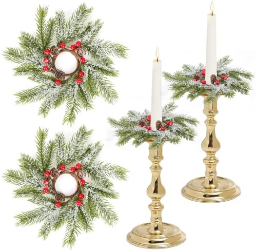 2 PCS Christmas Pine Taper Candle Rings Wreaths 1.38" Mini Snowy Pine Taper Candle Holder Wreaths Candle Rings with Berry Pinecones for Xmas Winter Church Home Table Centerpiece Candlesticks Decor by Unknown