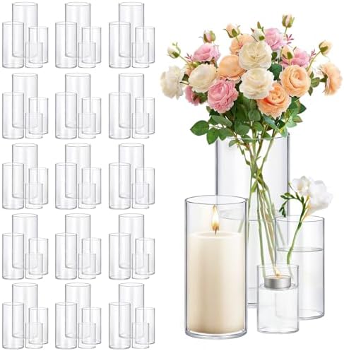 64 Pack Thick Glass Cylinder Vases 4,6,9,12 Inch Tall Clear Flower Vase Hurricane Floating Candle Holder for Table Centerpiece Wedding Home Decor by Homjoy