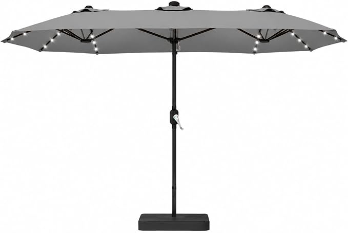 DomeShade 15ft Double-Sided Rectangle Patio Umbrella with 36 LED Solar Lights&base,UV50+ Weather-Resistant Outdoor Umbrella,Crank Lift,Patio Shade for Pool, Garden, Backyard–Gray