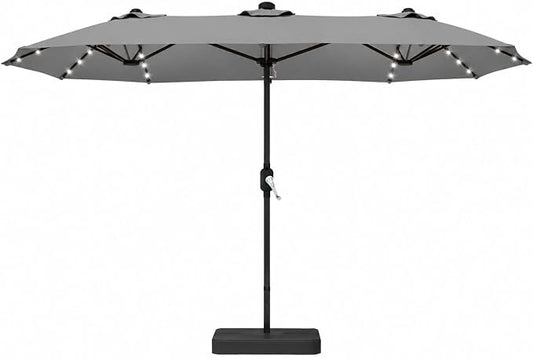 DomeShade 15ft Double-Sided Rectangle Patio Umbrella with 36 LED Solar Lights&base,UV50+ Weather-Resistant Outdoor Umbrella,Crank Lift,Patio Shade for Pool, Garden, Backyard–Gray