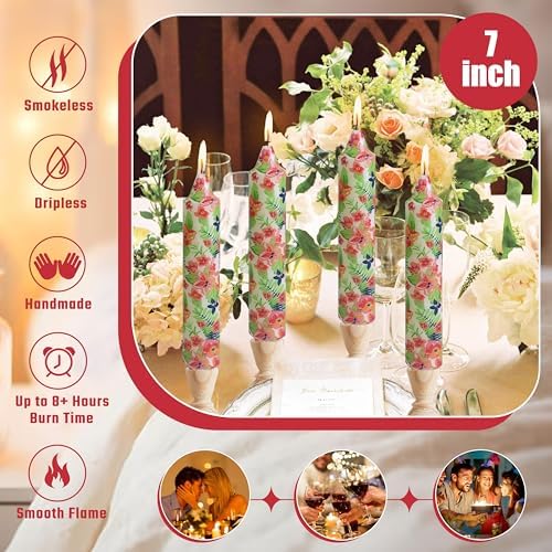 7 inch Short Candle Floral Candle Sticks Printed Candlestick Handmade Unscented Taper Candle 4 Pack Flower Tapered Candles for Home Dinner Wedding Holiday - Image 3
