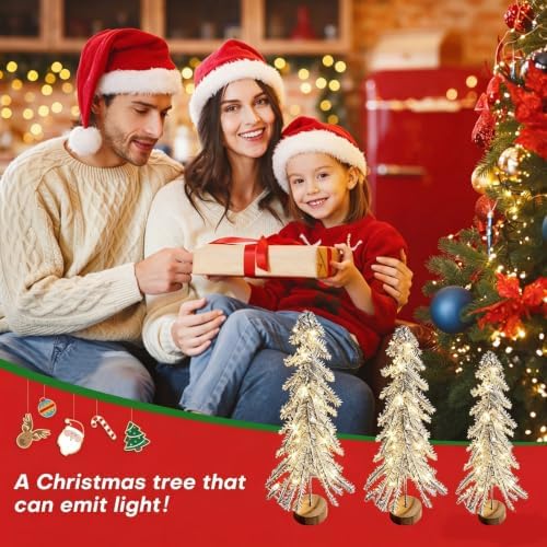 3 Pcs Mini Christmas Tree with Lights, Artificial Bottle Brush Trees with Wooden Bases Christmas Table Decor Small Trees with LED Light String for Decorations，Silver - Image 6