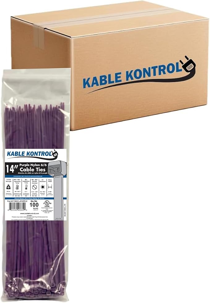 Kable Kontrol Purple Zip Ties 14 Inch 6,000 Pcs, 50 Lbs Tensile Strength, Bulk Pack, Self-locking Nylon Colored Cable Ties Wire Wraps for Indoor or Outdoor Use