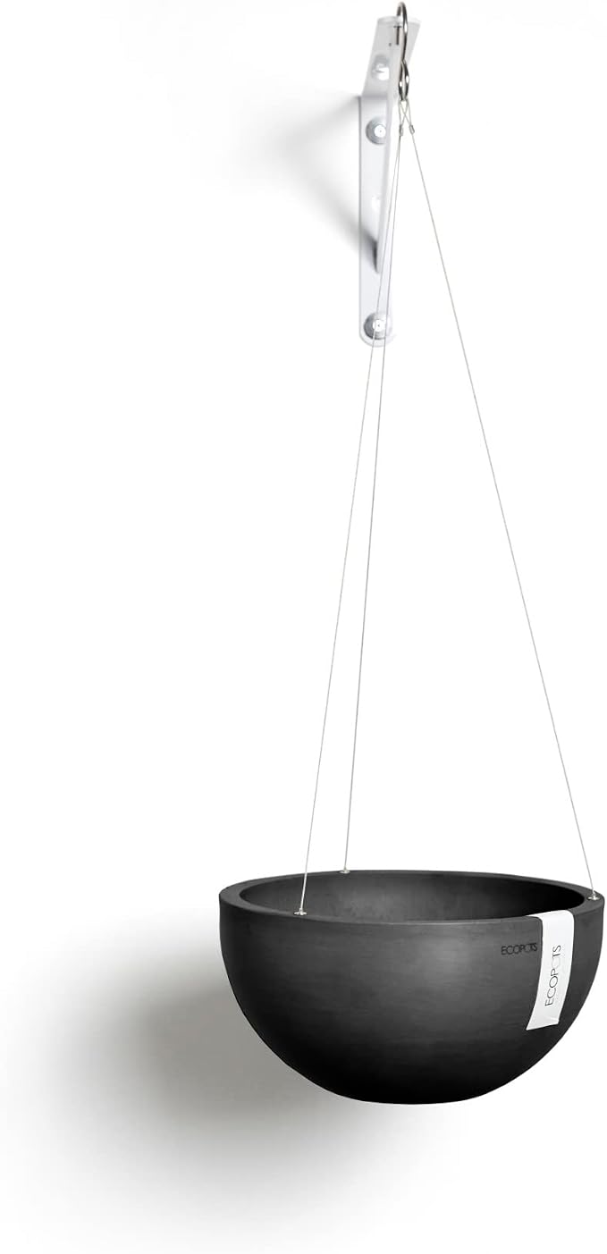 Ecopots Hanging Brussels Durable Modern Round Indoor/Outdoor Recycled-Based Composite Flower Pot Planter, Dark Grey, 13"