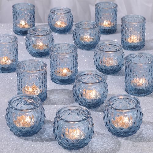 DARJEN Blue Votive Candle Holders Set of 36- Round Candle Holders Bulk, Glass Candle Holder for Wedding Home Decoration, Tea Lights Candle Holders for Wedding Shower, Party & Gift by DARJEN