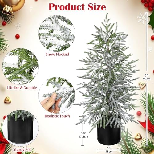 3FT Snow Flocked Artificial Norfolk Pine Tree in Pot, Real Touch Artificial Topiary Tree Small Faux Tabletop Christmas Tree for Front Porch Kitchen Home Indoor Outdoor Decor - Image 3