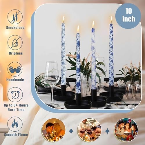 10 inche Floral Candle Sticks Printed Candlestick 4 Pack Blue and White Porcelain Unscented Taper Candle Long Blue Flower Tapered Candles for Home Dinner Wedding Holiday - Image 5