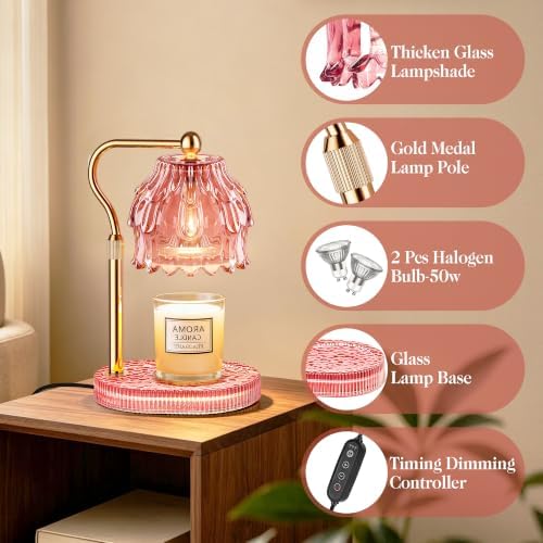 Candle Warmer Lamp with Timer Dimmer, Modern Wax Warmer for Scented Wax Jar Candle Warmer with 2 Bulbs, Adjustable Height Glass Lamp for Women, House Warming Gifts, Gold Pink - Image 5