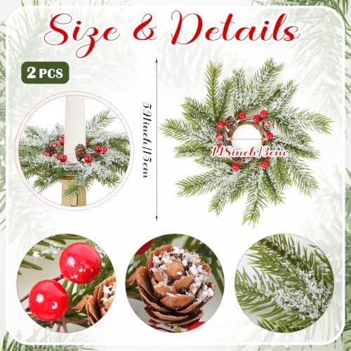 2 PCS Christmas Pine Taper Candle Rings Wreaths 1.38" Mini Snowy Pine Taper Candle Holder Wreaths Candle Rings with Berry Pinecones for Xmas Winter Church Home Table Centerpiece Candlesticks Decor - Image 3