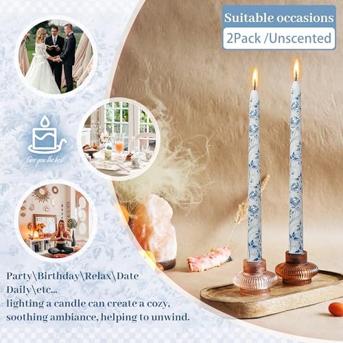 Blue and White Porcelain Taper Candles 10 inch - 2 Pack Peony Pattern Printed Smokeless, Unscented Tall Candlesticks Perfect for Home Decor, Weddings, and Special Occasions - Image 3