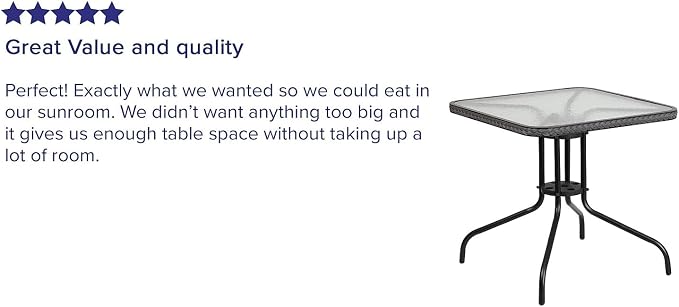 Flash Furniture Barker 28'' Square Tempered Glass Metal Table with Gray Rattan Edging
