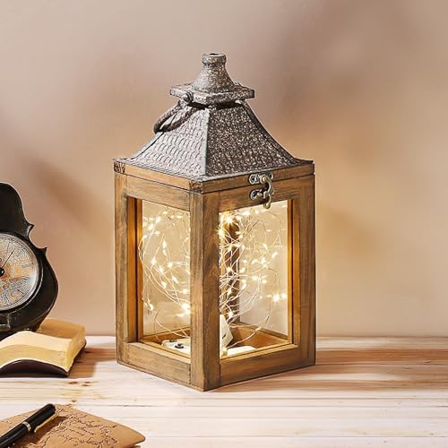 12" High Farmhouse Decorative Lantern, Glass and Metal, Distressed Brown Wood Finish, Rustic Brown Metal Top, Indoor Outdoor Candle Holders (Rustic Brown, 5"x5") - Image 4