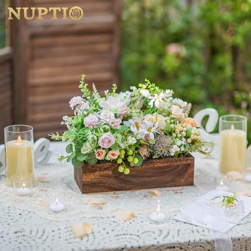 NUPTIO Wooden Flower Box Centerpieces, Rectangle, 11.8" Long, Brown, 2 Pcs - Image 2