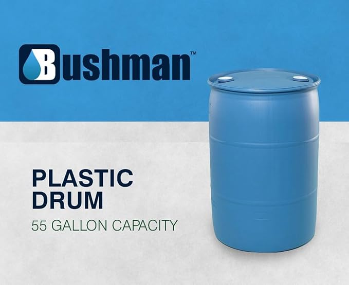 Bushman 55 Gallon Plastic Drum, Tight Head HDPE Barrel for Water, Chemical, or Oil Storage, Stackable Industrial with Closed Lid, Blue