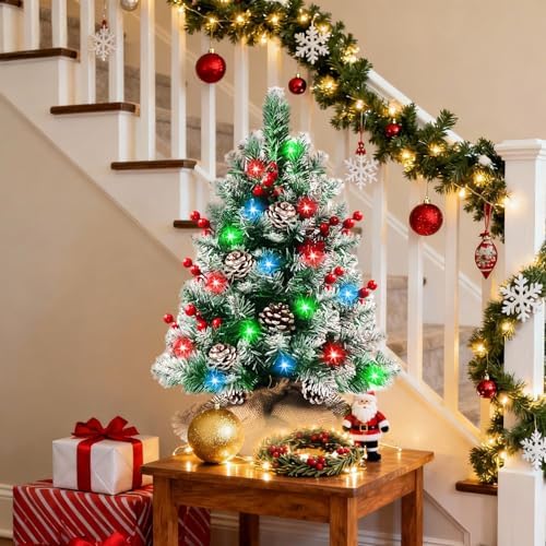 Pre-lit Mini Christmas Tree 20 Inch Small Tabletop Xmas Tree with 30 LED String Lights Locking Snow Frost Tips Berries Wood Base Ornaments Tabletop Artificial Pine Tree for Christmas Decoration - Image 4