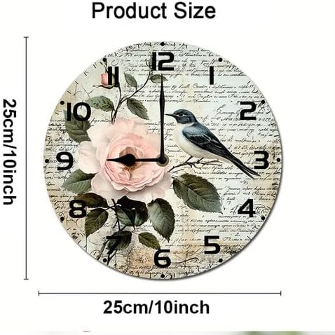 Love Birds Roses Flowers Wooden Silent Non-Ticking 10 Inch Round Clocks Battery Operated Analog for Living Room Kitchen Bedroom Bathroom Office Home School Decor