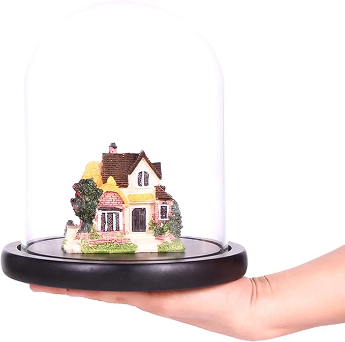 ZOOFOX Set of 2 Glass Dome Cloche with Black Wooden Base, 5.7" x 6.5" Decorative Bell Jar Display Dome for Plants, Fairy Lights, Photos, Succulents and Medals