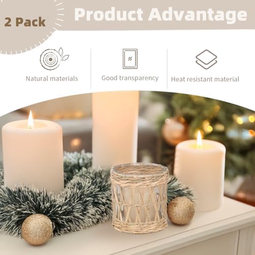 Rustic Cattail Woven Tea Light Holder, Seagrass Glass Candle Holder, Table Candle Holder Decor, Vintage Candlestick Holders, Wicker Tea Light Holder, Farmhouse/Home Decor (Original Color - 2 Pack) - Image 2