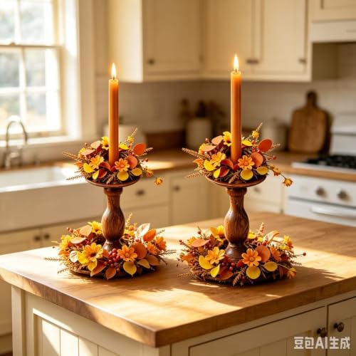 6 Pcs 1.38" Mini Fall Taper Candle Rings Wreaths Small Artificial with Autumn Leaves Flowers Wheat Stems Berries Taper Candle Holder Wreath for Thanksgiving Harvest Day Home Candlesticks Table - Image 2