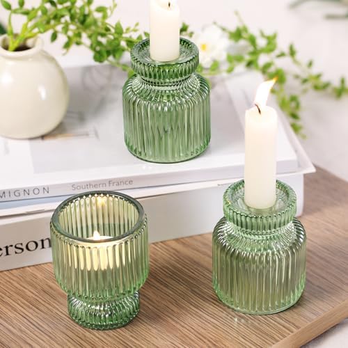DARJEN 6 Pcs Green Candlestick Holders - Glass Taper Candle Holders Tealight Votive Candle Holders for Table Centerpieces, Wedding, Dinner Party, Home, Gifts - Image 4