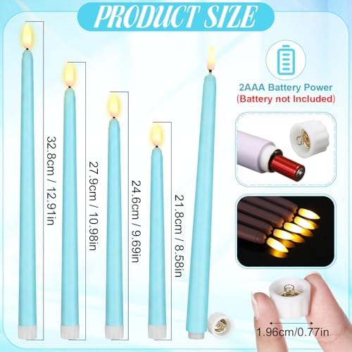 Rossesay 24 Pcs Flameless LED Taper Candles Battery Operated Candle 8.5", 9.65", 10.8", 12.8" Flameless Candlesticks Flickering for Christmas Church Wedding Indoor Decoration(Classic, Turquoise) - Image 3
