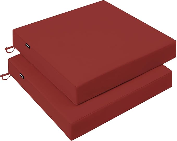 Favoyard Patio Chair Square Cushions Set of 2, Red, 19 x 19 x 3 inches | 5-Year Fade-resistant & Water-resistant Memory Foam Pad with Removable Cover & Ties for Outdoor Furniture Dining Chairs Seat