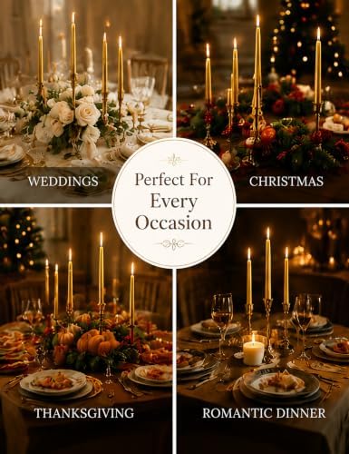 10 Inch Metallic Gold Taper Candles - Set of 12, 7-8 Hrs Long Burning, Dripless Smokeless Unscented Candlesticks, Premium Wax Blend for Wedding Christmas Dinner Parties and Luxury Home Decor - Image 5