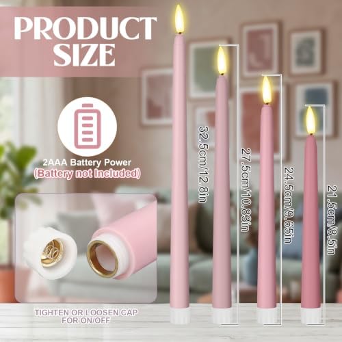Rossesay 24 Pcs Flameless LED Taper Candles Battery Operated Candle 8.5", 9.65", 10.8", 12.8" Flameless Candlesticks Flickering for Christmas Church Wedding Indoor Decoration(Classic, Pink Tones) - Image 3