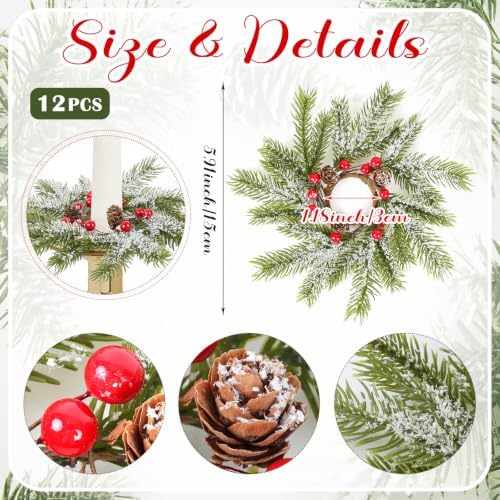 12 PCS Christmas Pine Taper Candle Rings Wreaths 1.38" Mini Snowy Pine Taper Candle Holder Wreaths Candle Rings with Berry Pinecones for Xmas Winter Church Home Table Centerpiece Candlesticks Decor - Image 4