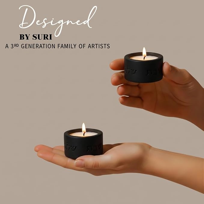 SURI Concrete Shabbat Candle Holders in Black | Jewish Judaica Gift Set with Modern Shabbat Candle Holders | Tall & Short, Ideal Shabbat Set for Tea Lights (Tealights not Included)