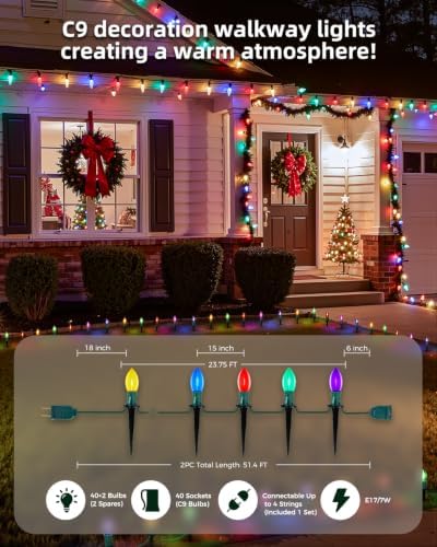 Christmas Pathway Lights Outdoor,28 Ft C9 Lights with 60 Multicolor Bulbs - Image 3
