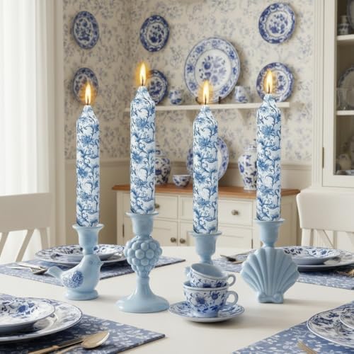 7 Inch Blue and White Taper Candles Short Chunky Candle Sticks Handmade Unscented Smokeless Chinoiserie Floral Thick Candles for Nautical Ceremony Dining Table Everyday Meals Family Dinner Elegance by XINAOBAOLUO