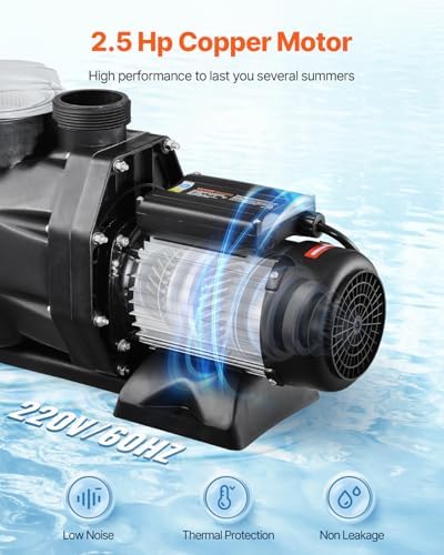 VEVOR Above Ground Pool Pump, 2.5 HP, 148 GPM Max Flow Single Speed Swimming Pool Pump, 220V 3450 RPM 62 ft Max Head Lift with PP Shell Strainer Basket, 122°F Max Water Temperature, for Hot Tubs Spas