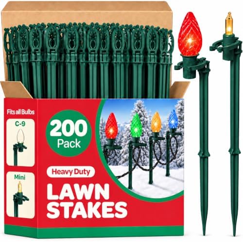 Christmas Light Yard Stakes [Set of 200] Outdoor Light Stakes - 8.5" Tall - Universal Christmas Pathway Lights On Yards, Driveways - Christmas Yard Stakes - USA Made by Sewanta