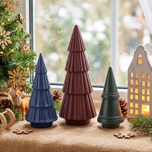 3 Pcs Neutral Christmas Tree Figurines,Burgundy Green Navy Blue - Image 4