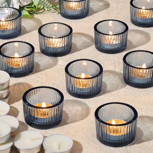 NITIME 30Pcs Blue Tealight Candle Holder, Ribbed Votive Candle Holders Glass with 32pcs Tea Light Candles for Wedding Decor, Home Decor and Party Decor by NITIME