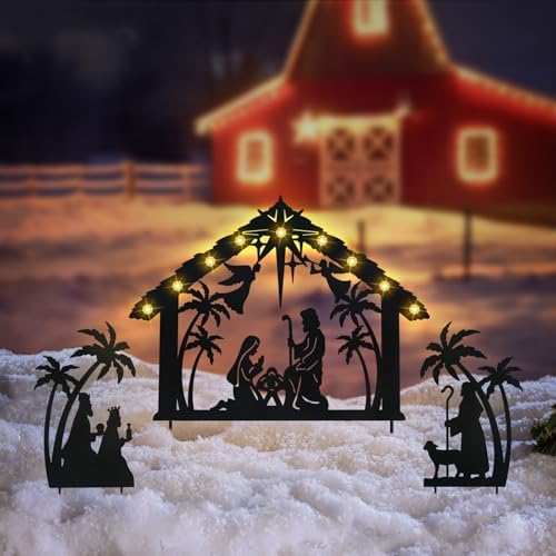Solar Nativity Scene Outdoor,3Pack Lighted Outdoor Christmas Decorations,Metal Silhouette Nativity Set Outside for Yard Garden Stake by HokfirmHomeDecorGarden