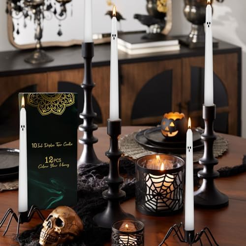 12 Pack Halloween Taper Candles - 10 Inch White Ghost Face Smokeless Candles, Long-Lasting 7+ Hour Burn, Premium Wax for Spooky Decor & Parties - Image 6